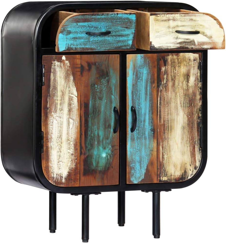 Vintage Industrial Sideboard with Solid Reclaimed Wood and Powder-Coated Iron, 4-Piece Storage Cabinet for Living Room Dining Area Home Office, Handcrafted Design Durable