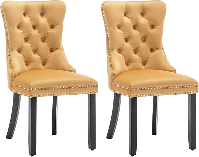 Kiztir Velvet Dining Chairs Set of 2, Upholstered Dining Chairs with Ring Pull Trim and Button Back, Luxury Tufted Dining Chair for Living Room, Bedroom, Kitchen (Gold)