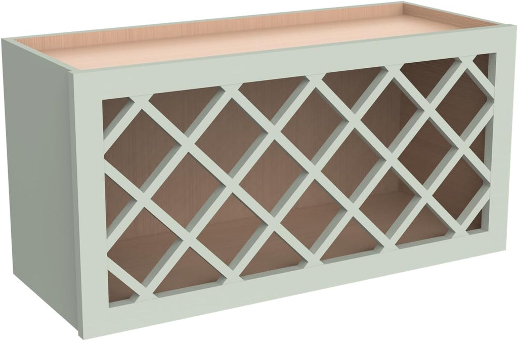 Solid Wood RTA Wine Bottle Rack Wall Cabinet with Lattice Panels - Wine Storage for Bar, Pantry, Cellar - Mocha (Jade Green, 30'W 12'D 15'H)