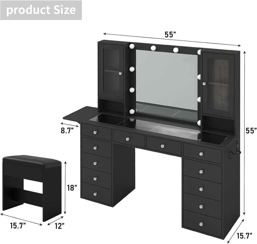 Yanosaku 55''W Makeup Vanity Desk with Mirror and Lights, 12 Drawers,...