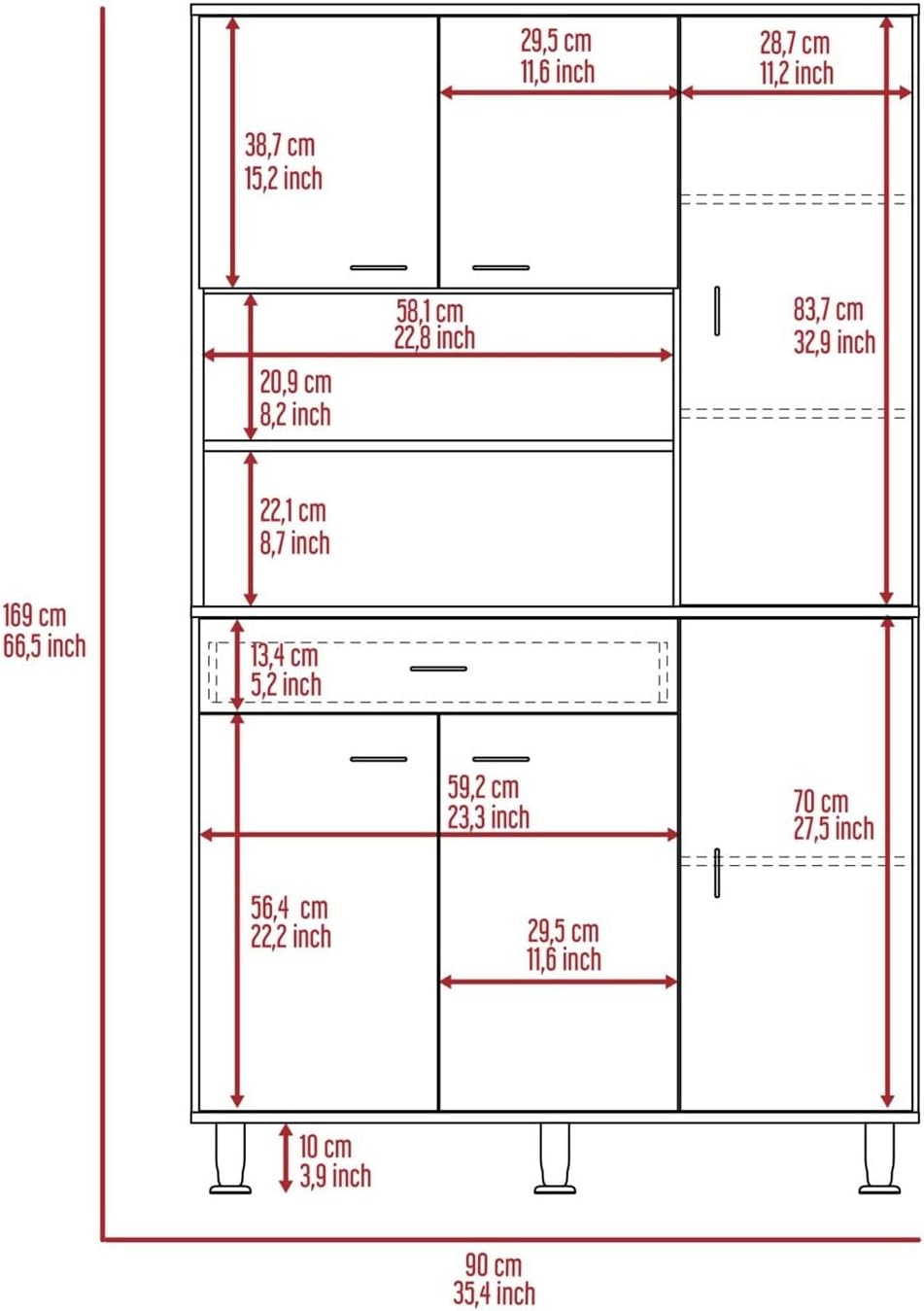 90 Kitchen Pantry, One Drawer, Multiple Cabinets, Two Open Shelves,for use in...