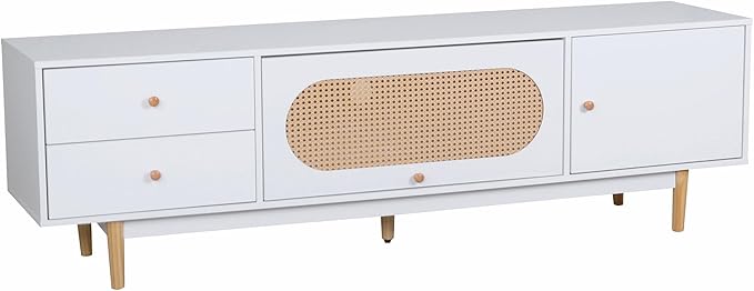 Marzzi Modern 70" TV Stand with Rattan Door, Mid-Century Boho Entertainment Center with Storage Cabinet & 2 Drawers, White Media Console with Cable Hole, Solid Wood Legs