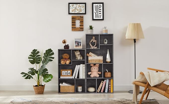 VECELO Contemporary Bookshelf, 5 Cube Shelf, Fits Tallest Hardcovers, Horizontal Available, Storage Organzier for Home Office,Modern Gray