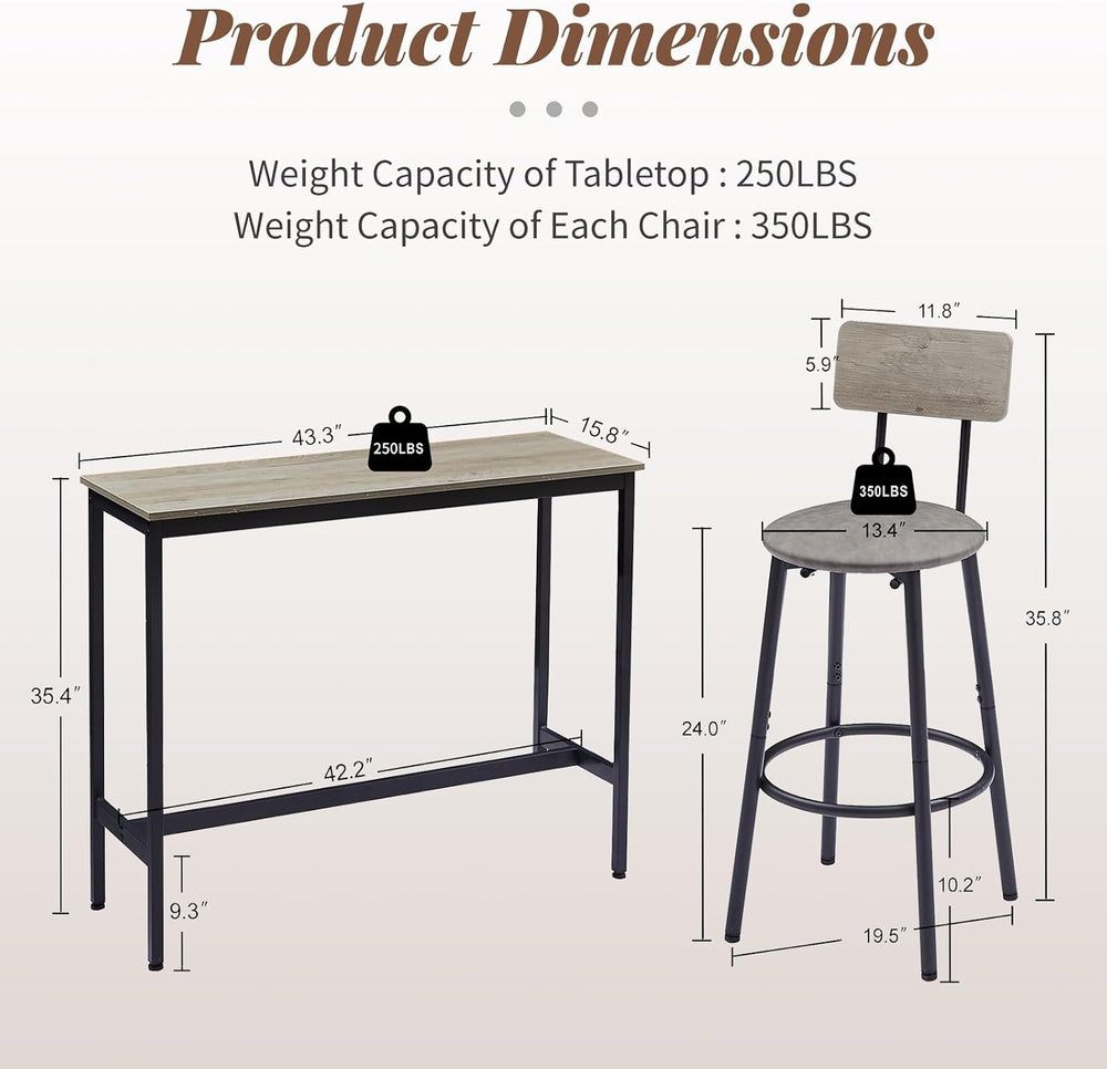 43.31" Bar Table Set for 2, Counter Height Dining Table with PU Upholste...