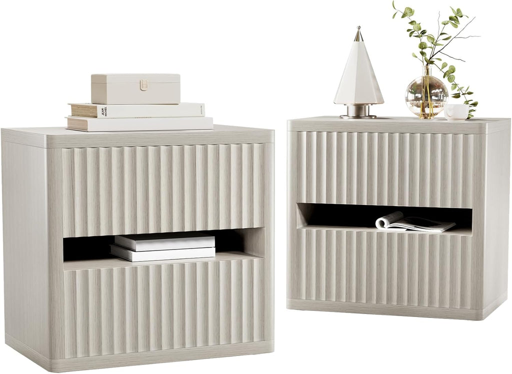 Dripex Fluted Nightstand Set of 2 with Drawers Storage, Large Wide Wood Night Stand Bedside Tables for Bedroom, Mid-Century Modern Bed Side Table, End Tables for Living Room Sofa Couch, Gray Oak