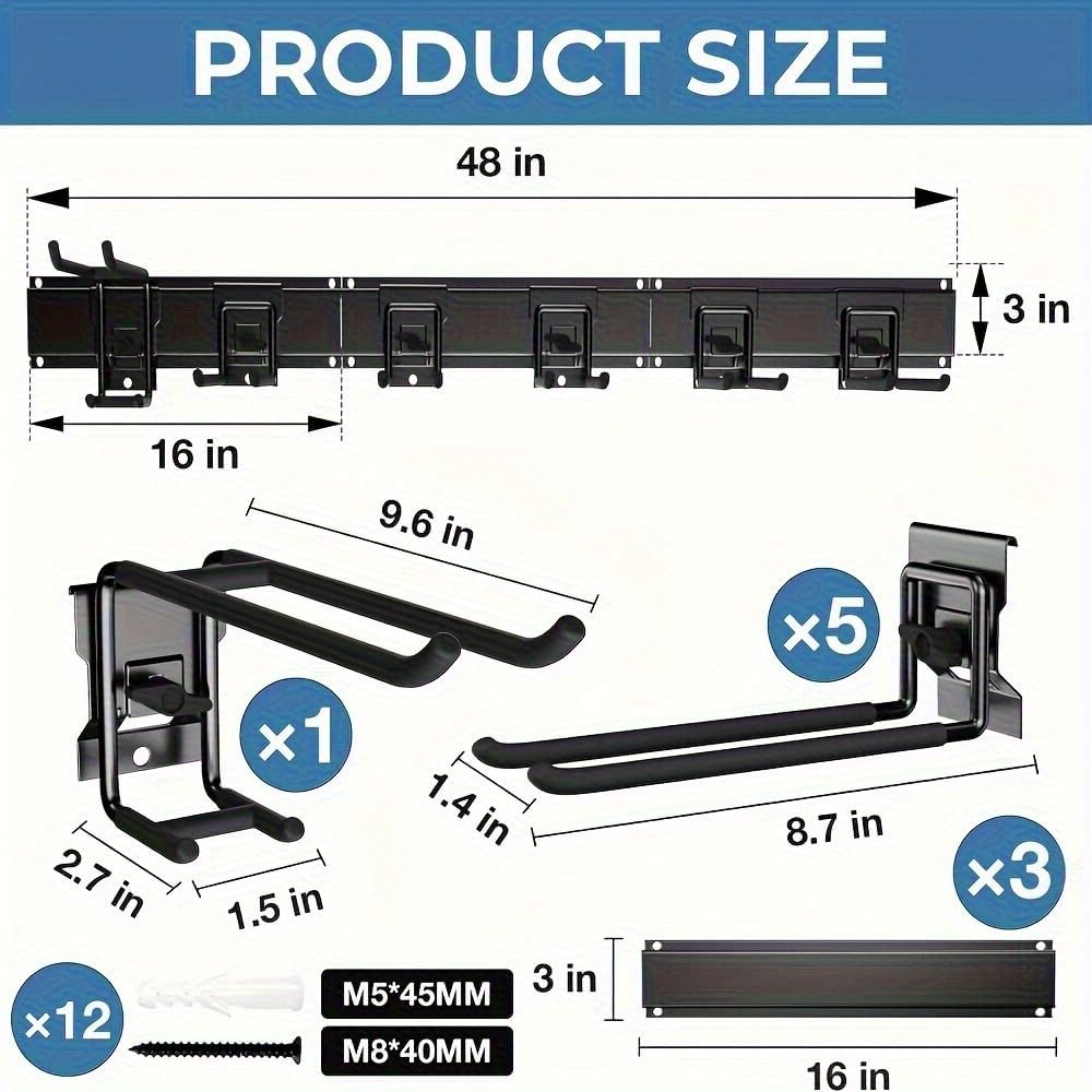 48" Industrial-Grade Wall-Mounted Garage Tool Organizer Heavy-Duty Steel Frame with Capacity Adjustable Swivel Hooks with Dual Shovel Holders for Yard Tools, Trimmers, Ladders& Garage Storage