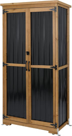 Outdoor Storage Cabinet,Wood & Metal Storage Shed with Adjustable Shelves & Lockable Doors,Vertical Outdoor Cabinets for Backyard Patio, Gardening Tools and Accessories,Brown