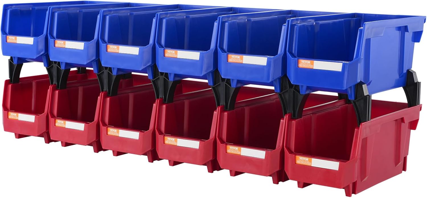 VEVOR Plastic Stackable Storage Bins 12 Pack (11 x 5 x 5-Inch), Hanging Storage Organizer Bins, Heavy Duty Stacking Containers for Closet, Garage, Office, Home, Pantry or Small Parts Organization