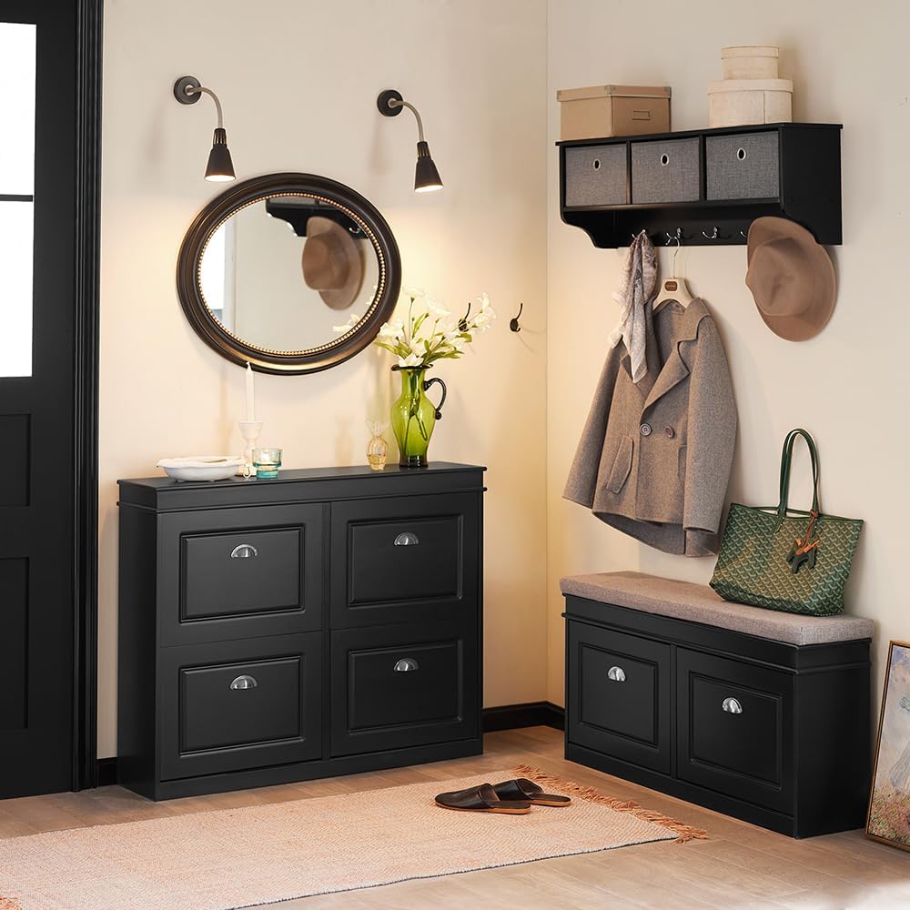 Haotian Black Storage Shoe Bench with Two Flip Drawers