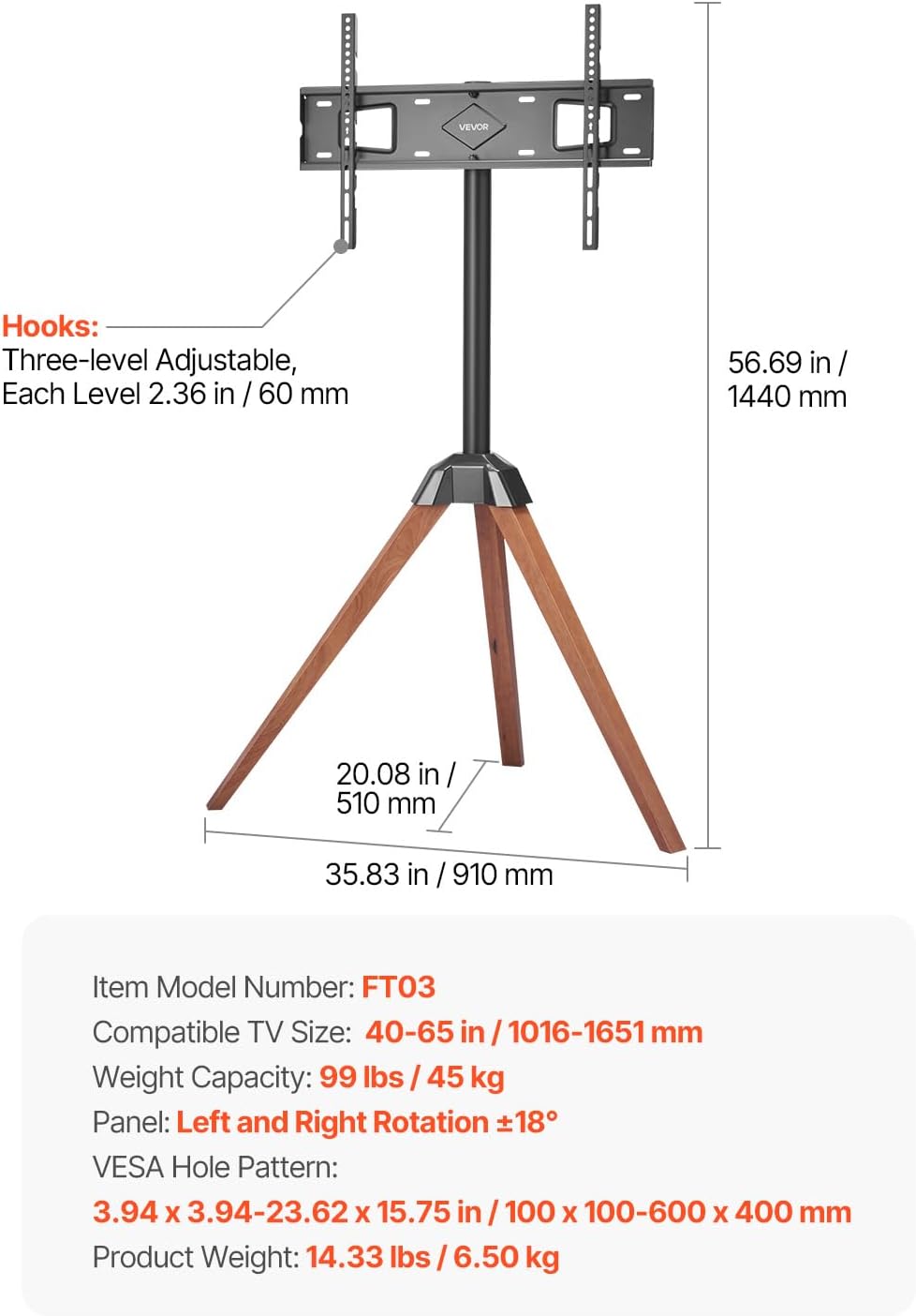 VEVOR Tripod Easel TV Stand, for 40-65 inch Flat Screen/Curved TVs Up to 99 l...