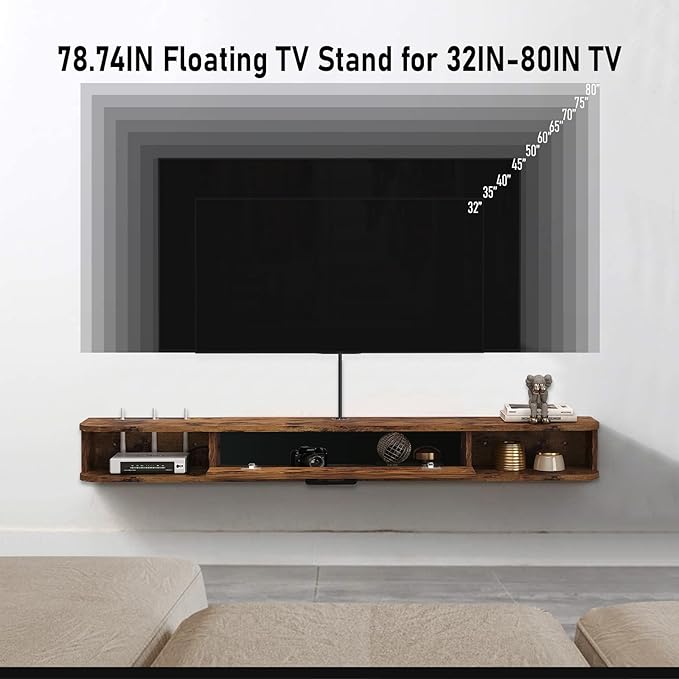 Floating TV Unit, 79'' Wall Mounted TV Cabinet, Floating Shelves with Door, Modern Entertainment Media Console Center Large Storage TV Bench for Living Room & Office (78.74IN, Rustic Brown)