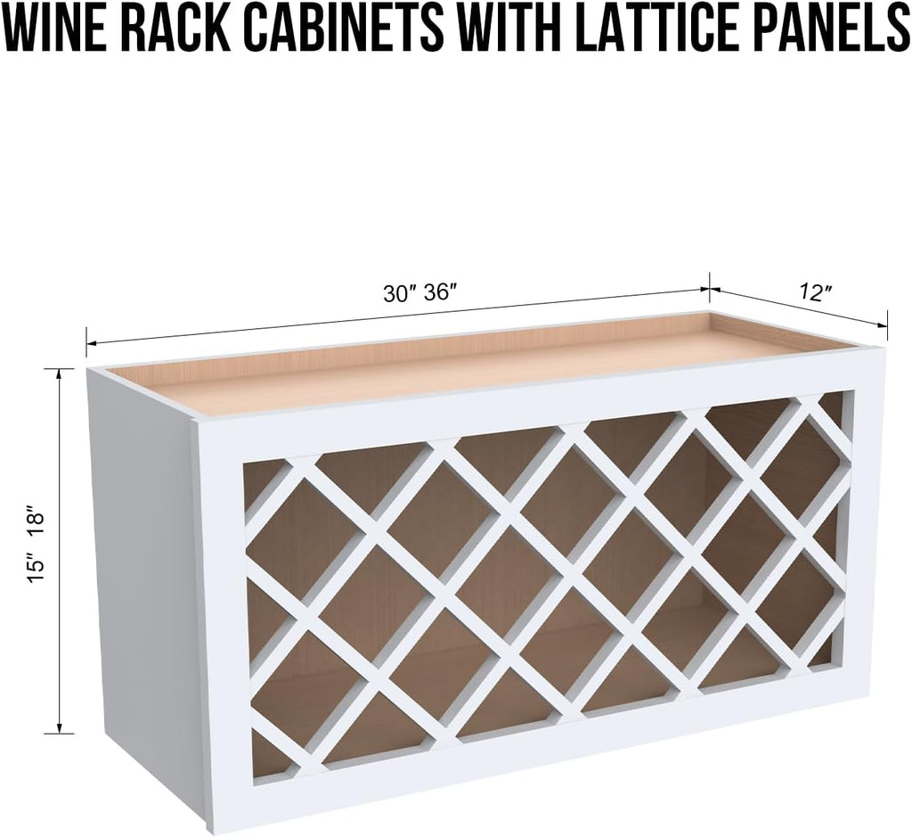Solid Wood RTA Wine Bottle Rack Wall Cabinet with Lattice Panels - Wine Storage for Bar, Pantry, Cellar & Countertop - Mocha (White, 36'W 12'D 15'H)