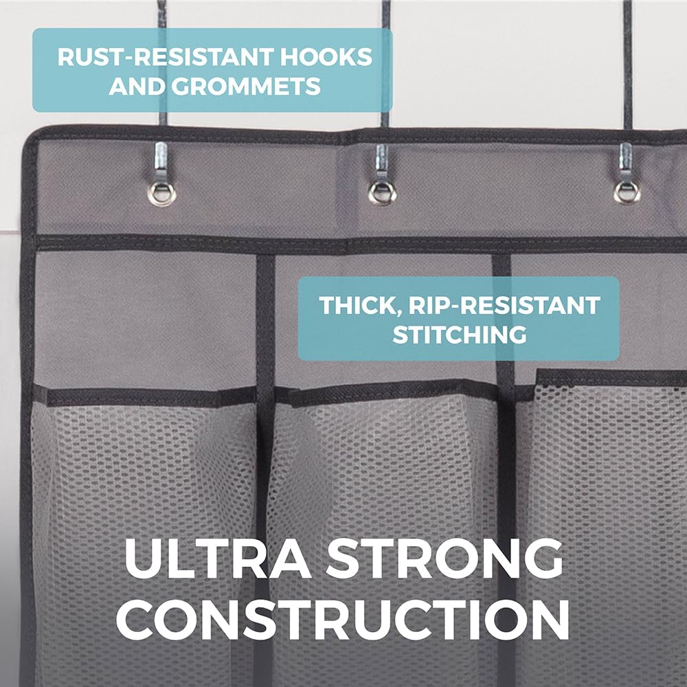 Over the Door Hanging Shoe Organizer, 24 Breathable Mesh Pockets, Closet Rack Storage Holder, Stay in Place Hooks Hang on Closets, Hanger Holds Up to 40 lbs for Shoes, Accessories, Gray