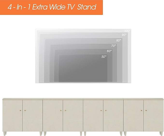 WAMPAT Modern TV Stands Entertainment Center for 100+ Inch TVs, 4-in-1 Beige Wood Television Stand with Doors, Extra Wide Media Console Tables with Storage Cabinets for Living Room, 141.6x15.3x32.4