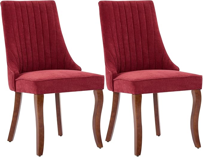 Linen Dining Chairs Set of 2，Fabric Channel Tufted Kitchen Chairs, Upholstered Accent Chairs with Curved Solid Wood Legs, Comfortable Dining Chair for Dining Room, (Burgundy, 2pc)