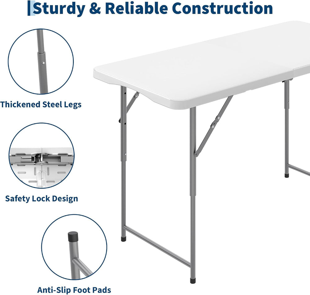 Garvee 4ft Folding Table HDPE Foldable Table with Carrying Handle 3 Adjustabl...