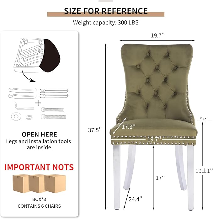 Mid Century Modern Dining Chairs Set of 6, Olive Velvet Upholstered Tufted Back, Kitchen & Dining Room Chairs, Brushed Silver Metal Legs, Nailhead Trim, Sillas para Comedor (Olive, 6 Pcs)