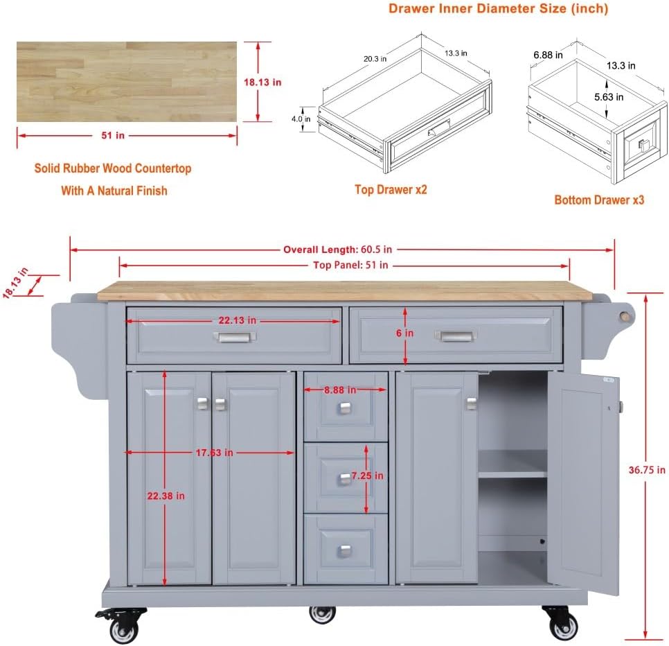 Kitchen Island with Rubberwood Top, 5 Drawers, Cabinet and Wheels, Grey | Rol...