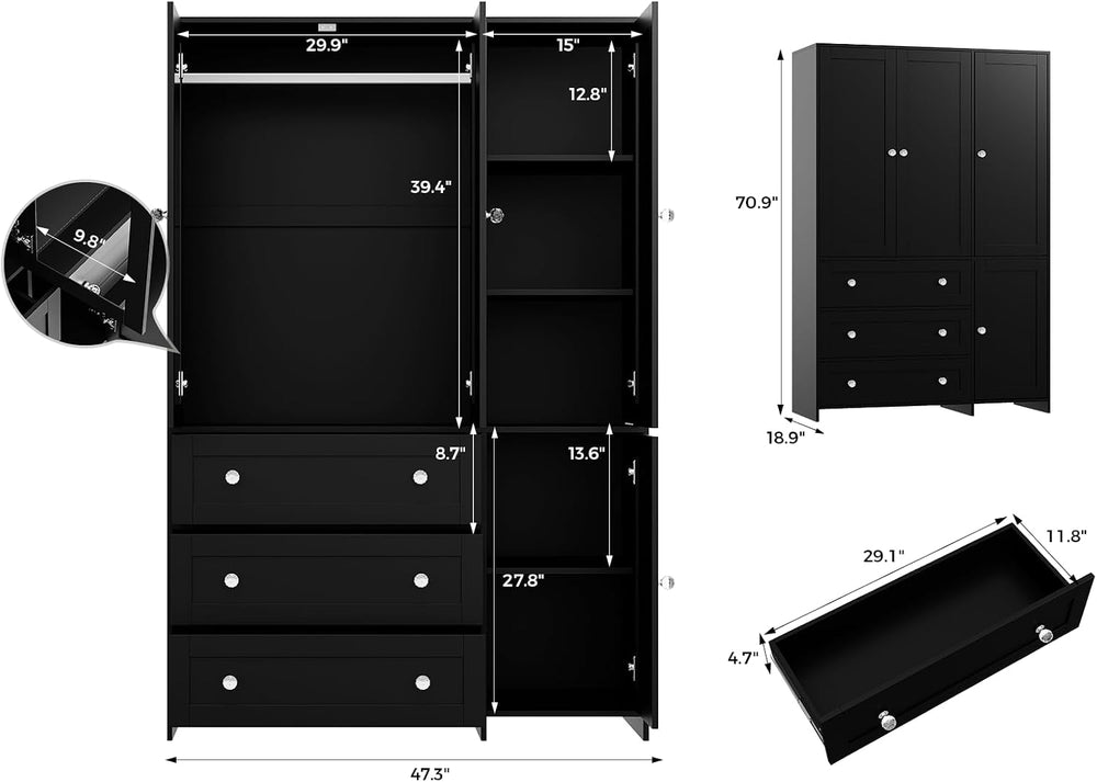 VOWNER 71" Armoire Wardrobe Closet with 3 Drawers and Mirror