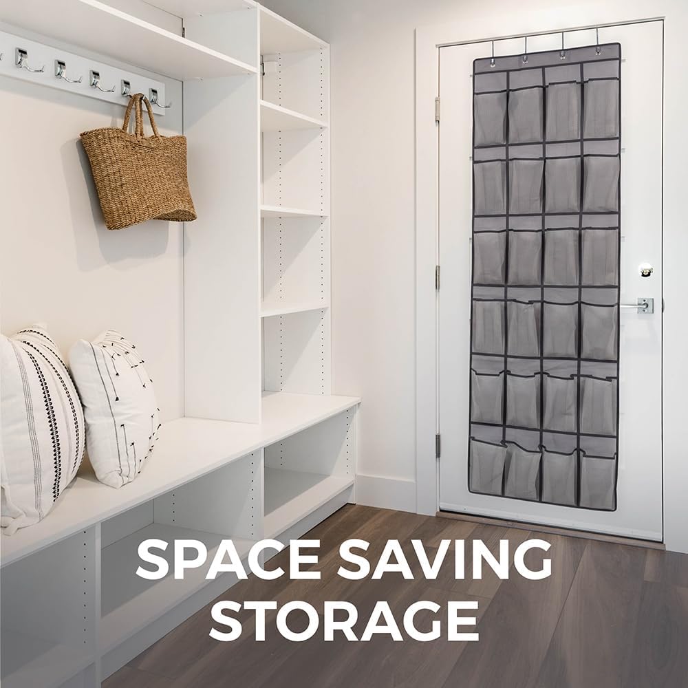 Over the Door Hanging Shoe Organizer, 24 Breathable Mesh Pockets, Closet Rack Storage Holder, Stay in Place Hooks Hang on Closets, Hanger Holds Up to 40 lbs for Shoes, Accessories, Gray