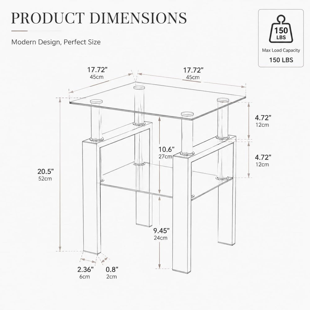 Meihua Tempered Glass End Table, White Modern Square Side Table with Metal Fr...
