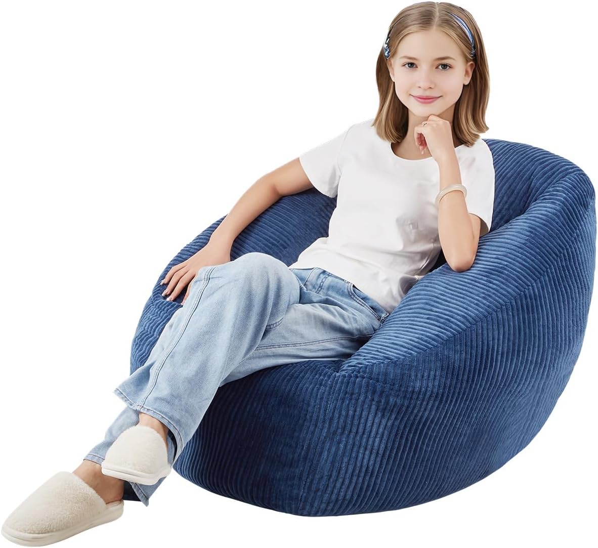 VEVOR Bean Bag Chair, 3 feet Bean Bag Chair with Soft Armrests and Storage Pocket, 25D Memory Foam Filled with Soft Teddy Velvet Cover, Bean Bag for Bedroom or Playroom, Blue