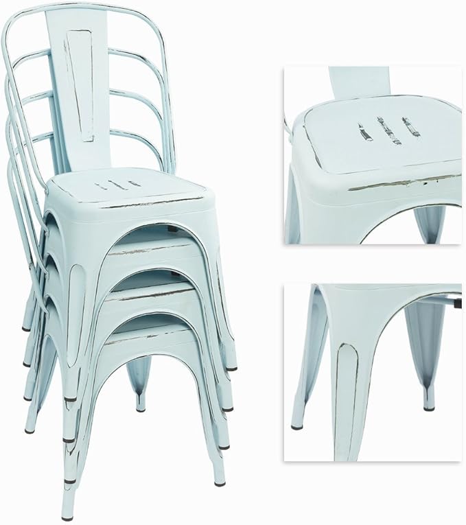 Devoko Metal Indoor-Outdoor Chairs Distressed Style Kitchen Dining Chairs Stackable Side Chair with Back Set of 4 (Blue)