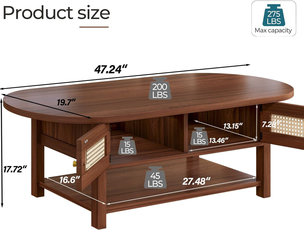 LVB Oval Coffee Table, 47" Rattan Boho Wood Living Room Table with Storage