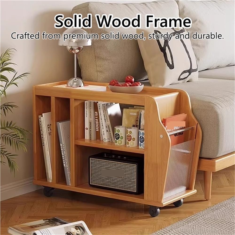 Movable Wood Side Tables with Casters, Rolling Table with Storage, Living Roo...