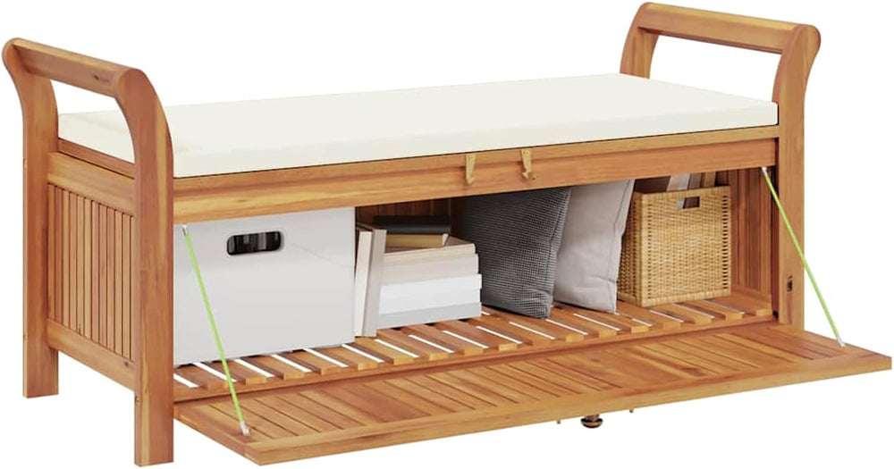 Gecheer Garden Storage Bench with Cushion, Solid Wood Acacia 126 cm Outdoor S...