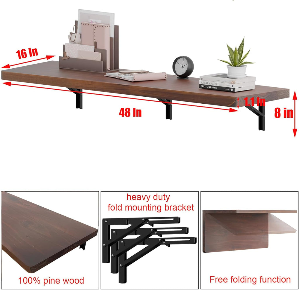 IAE Wall Mounted Folding Table with Pine Wood,48" x 16" Floating Wall Desk,Laundry Folding Table with Shelf Brackets,Fold Down Desk Shelf,Folding Workbench for Home,Dining,Laundry Room,Kitchen,Brown