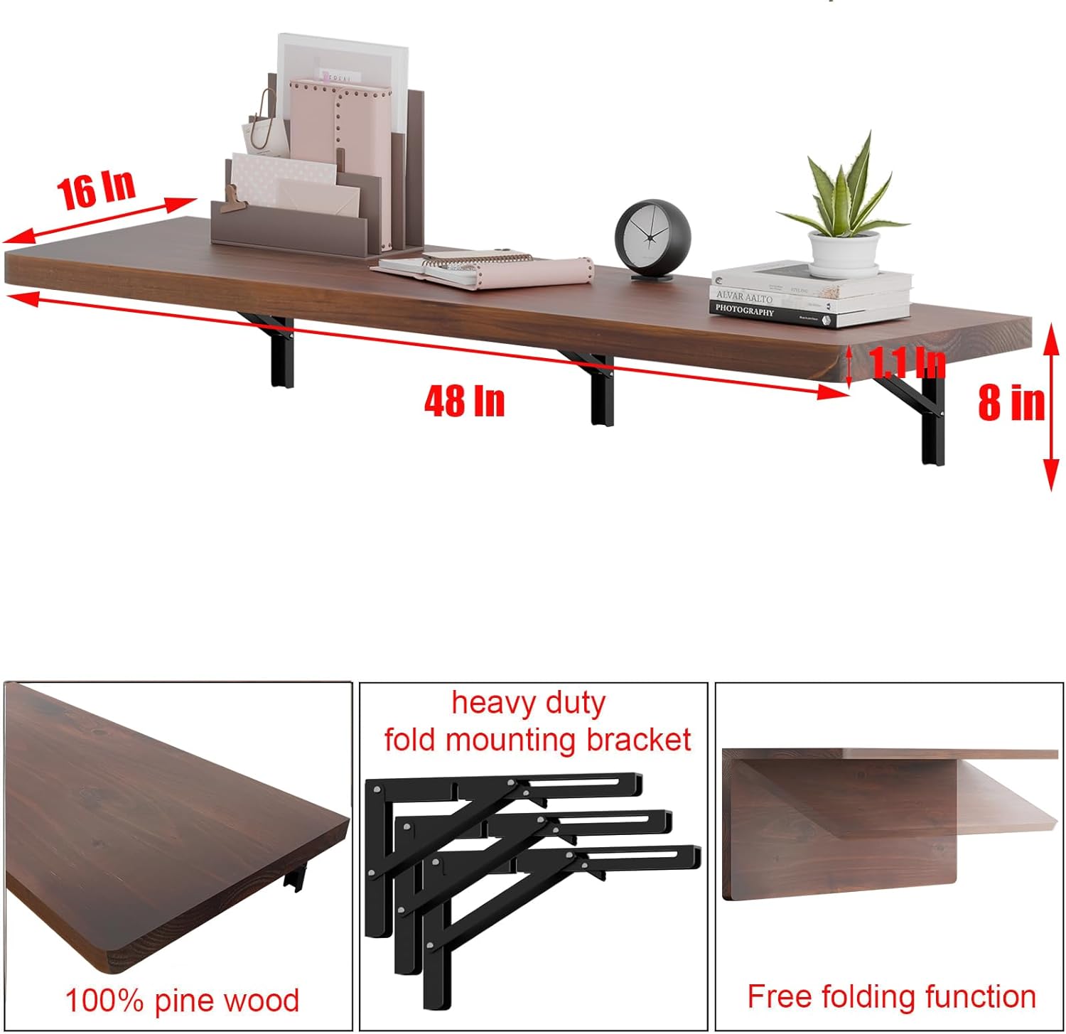 IAE Wall Mounted Folding Table with Pine Wood,48" x 16" Floating Wall Desk,Laundry Folding Table with Shelf Brackets,Fold Down Desk Shelf,Folding Workbench for Home,Dining,Laundry Room,Kitchen,Brown