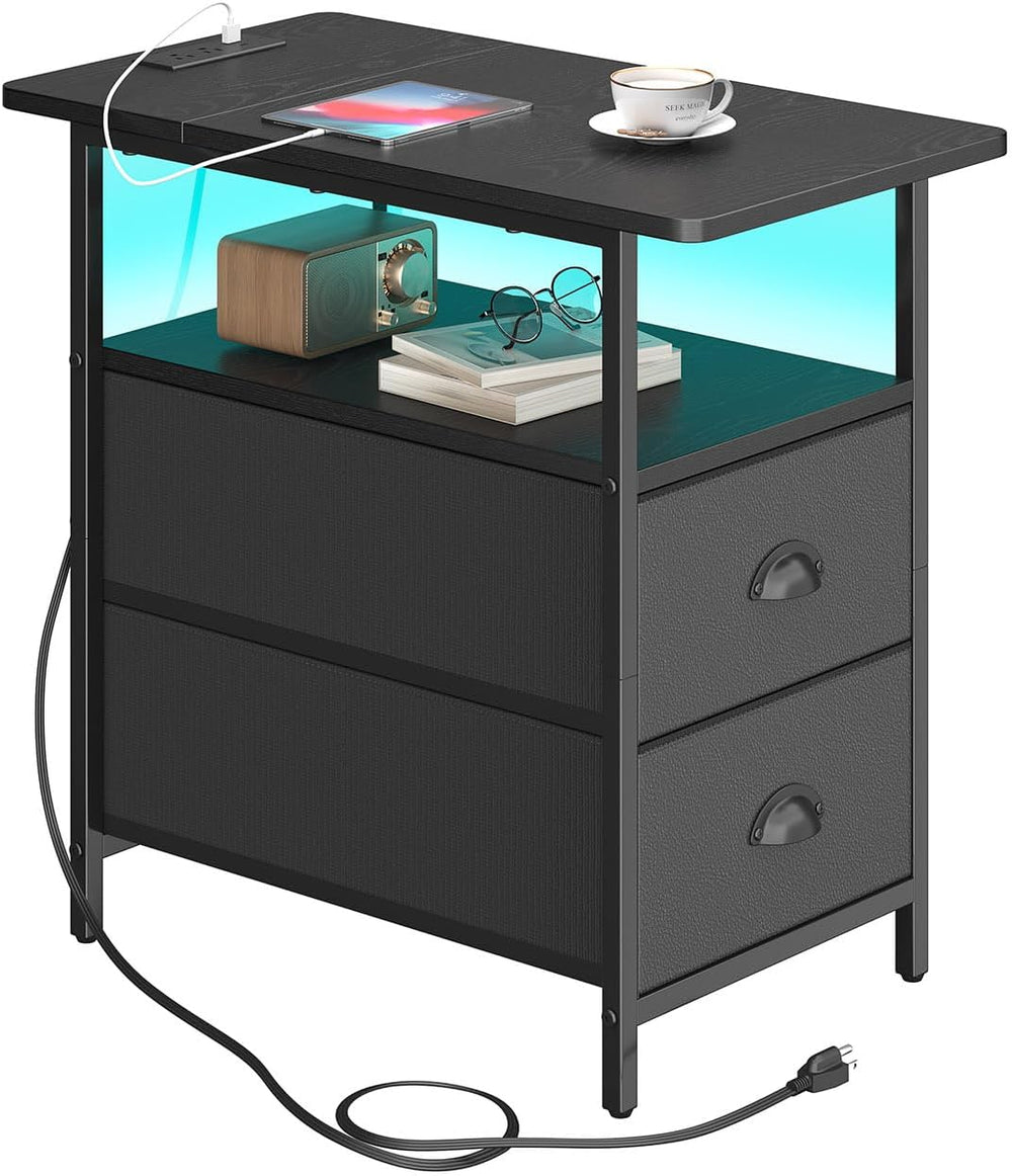 sthmec End Table with Charging Station, Narrow Side Table with 2 Drawers, LED...