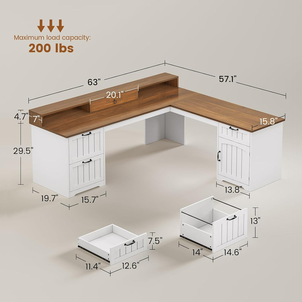 SEDETA Farmhouse 63" L Shaped Desk with Drawers and Storage Cabinet