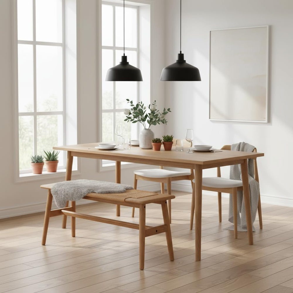 100% Solid Oak Wood Dining Bench, Hand Woven Dining Bench with Trapezoid Leg,...