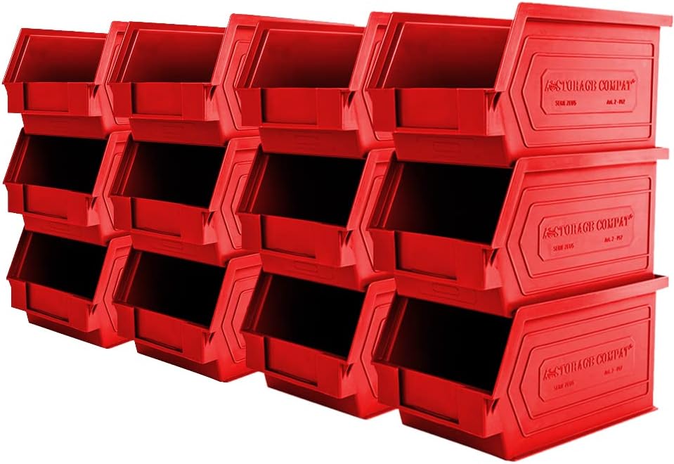 Plastic Storage Bins, Hanging, Stackable, Storage Organizer Bin for Warehouses, Workshops 9-Inch x 5-Inch x 5-Inch, Red, 12-Pack