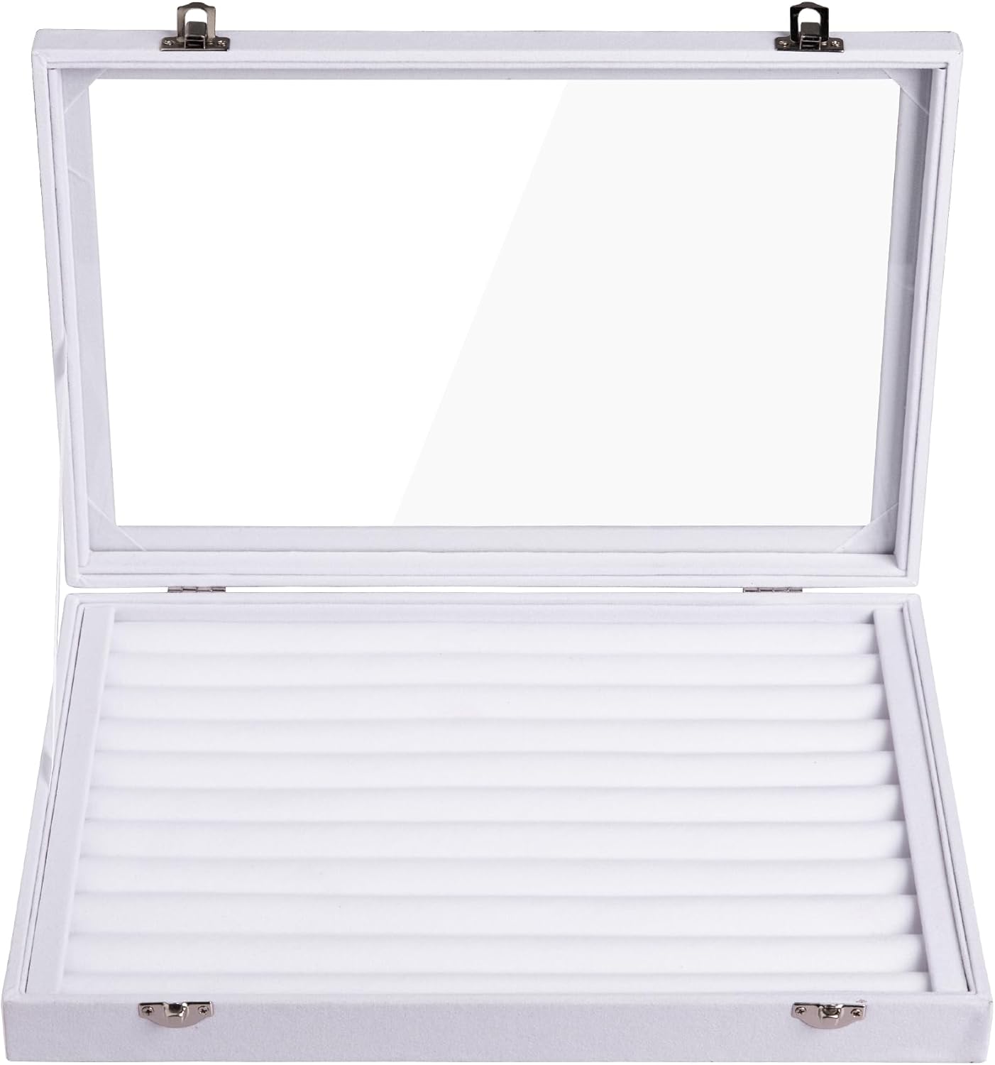 Frebeauty Rings/Earrings Organizer Tray with Clear Lid 10 Slots Velvet Drawer Insert Jewelry Storage box Transparent Glass lid Jewelry Display Case Showcase Gift for Girls Women (White, 10 Slots)