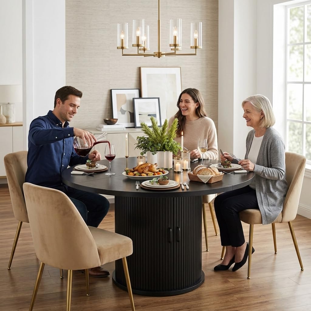47 Inch Round Dining Table with Storage, 2-Layer Shelf & Wood Slide Door, Farmhouse Style, Waterproof Top, 330 lbs Capacity, for 4-6 Person, Easy Assembly, Ebony