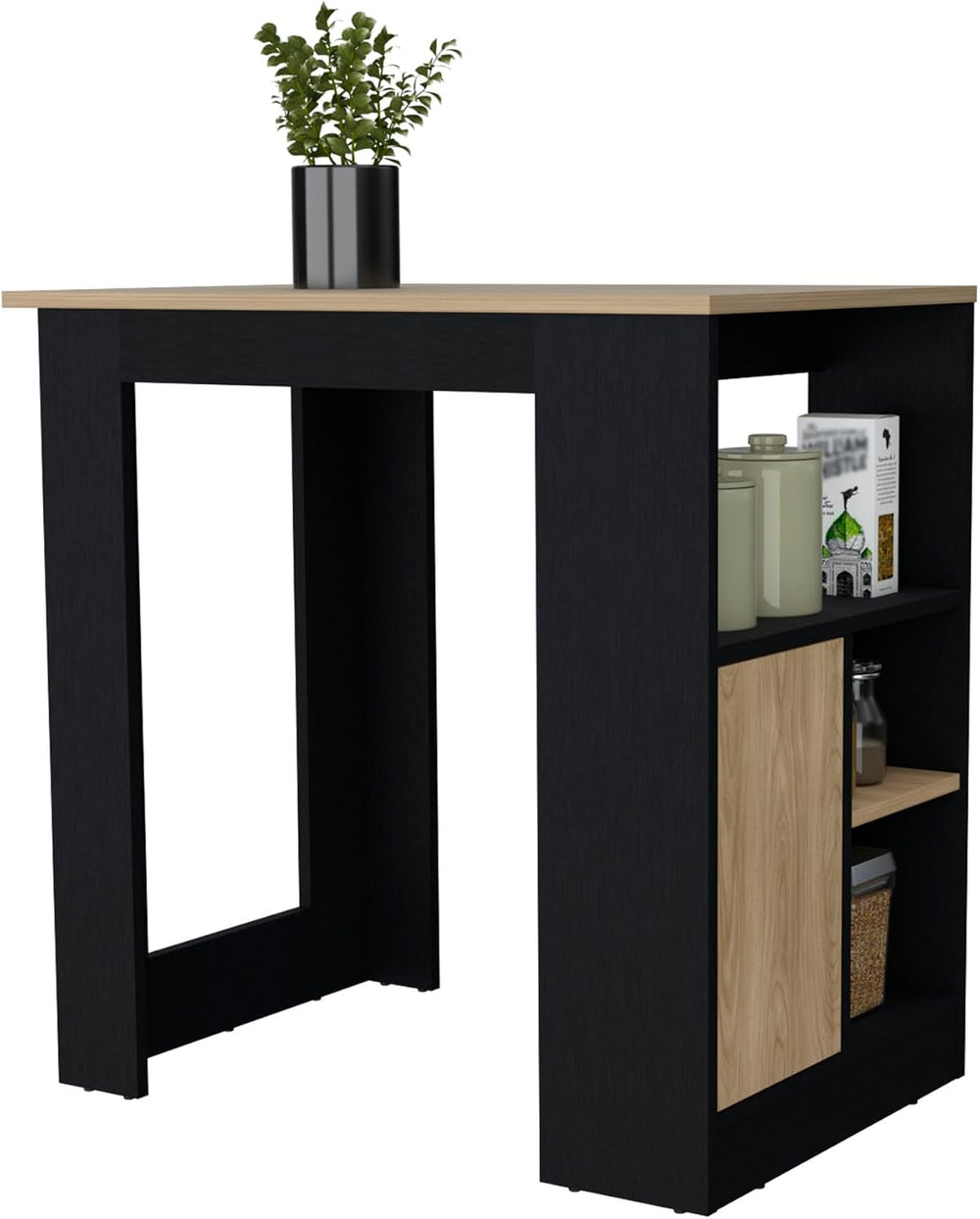 Kitchen Island with Door and Open Storage, Black/Natural Oak | Melamine kitch...