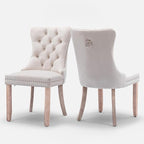Velvet Upholstered Dining Chairs Set of 2, Modern Style Kitchen Side Chairs with Nailhead Trim and Wood Legs,Metal Pulling Ring for Dining Room Living Room(Beige,Set of 2)