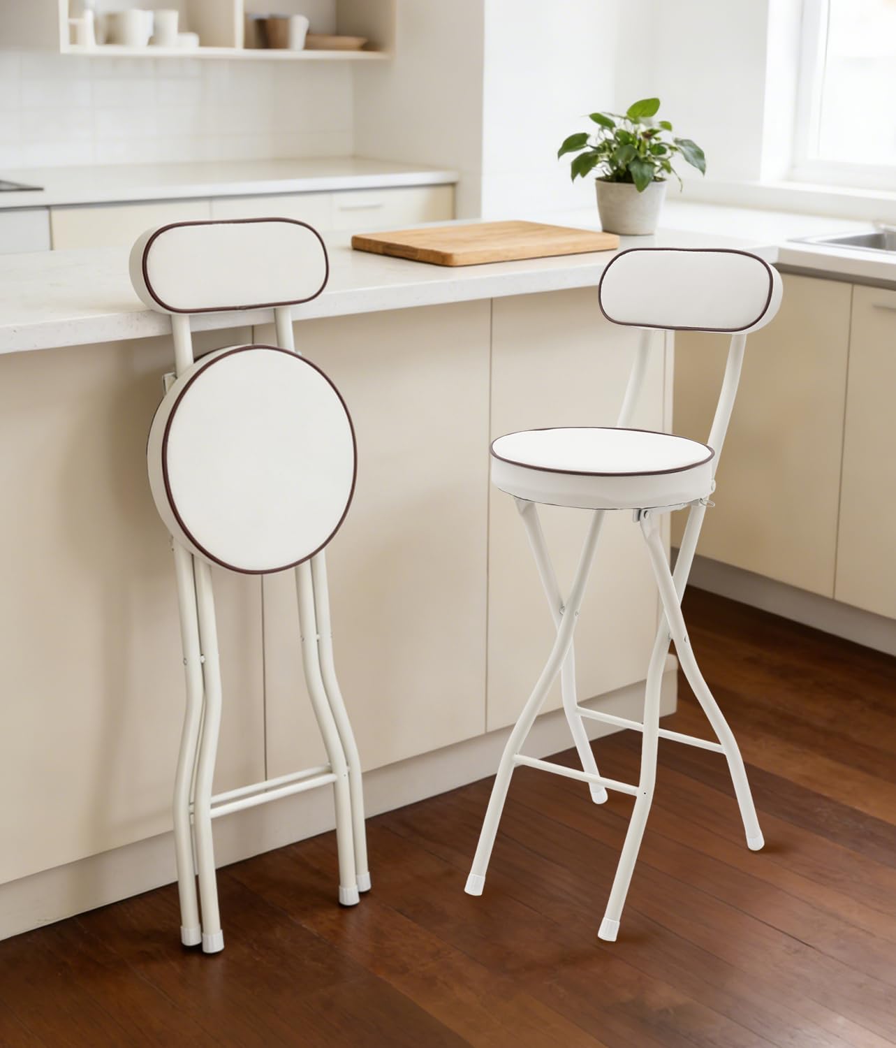 2 PCS Folding Bar Stool with Back, Set of 2-Folding Bar Stool Chair with Back, Tall Foldable Stool Seat Padded Portable Stools Counter Height Foldable Stools for Adults Kitchen Island (White)