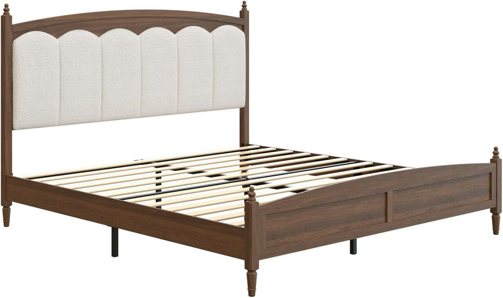 Queen Bed Frame Upholstered Headboard Farmhouse Platform No Box Spring