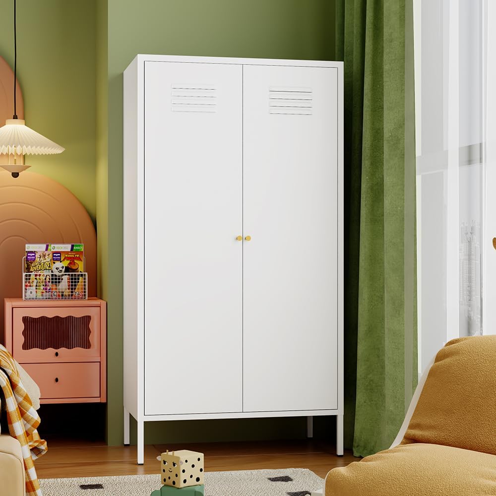2 Door Metal Cabinet,Classified Storage Tall Storage Cabinet with Hanging Rod...