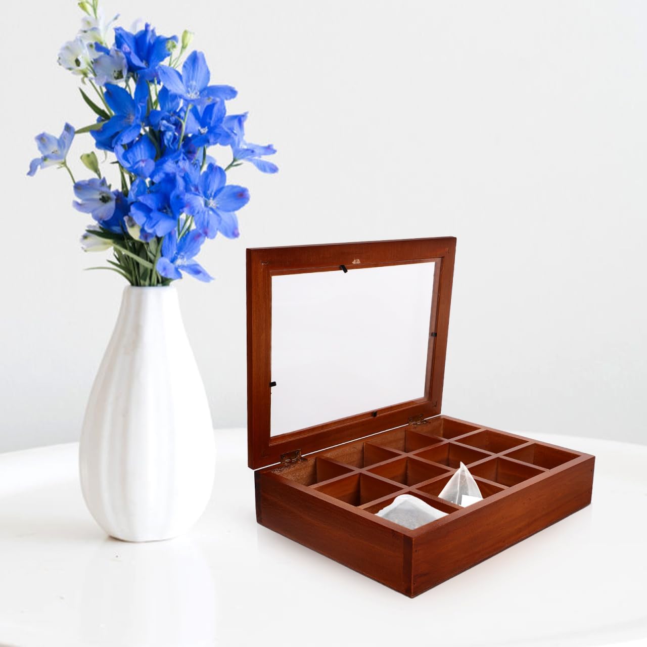 Baluue 12 Compartment Tea Bag Organizer Box with Clear Acrylic Lid Decorative Wood Grain Packet Holder Case Storage Chest Container for Kitchen Countertop Cabinet