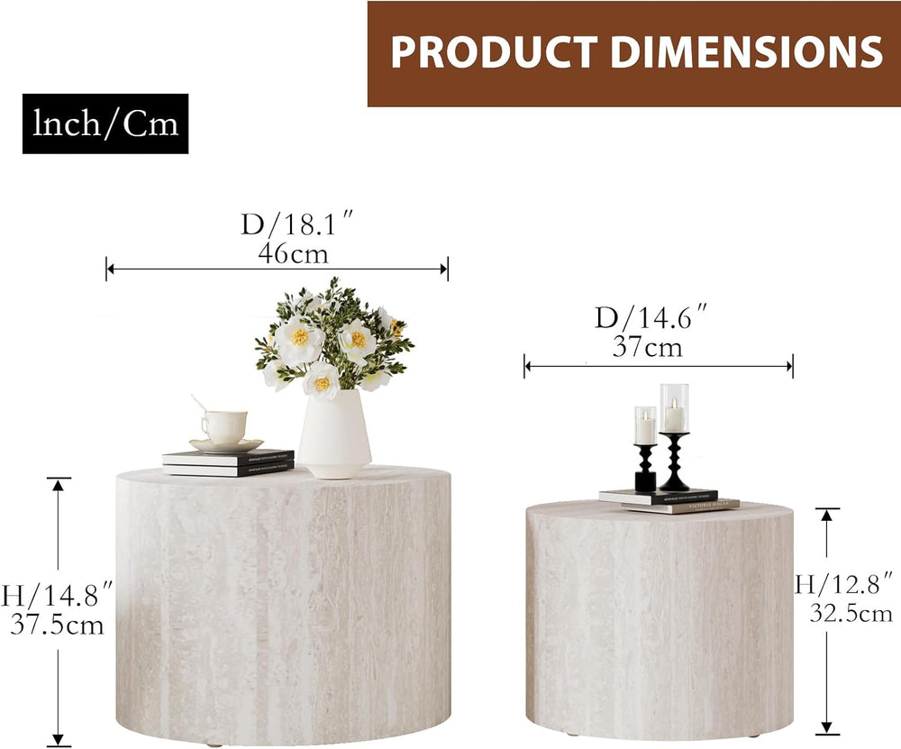 Travertine Round Nesting Coffee Table Set of 2 | Faux Travertine Drum Style W...