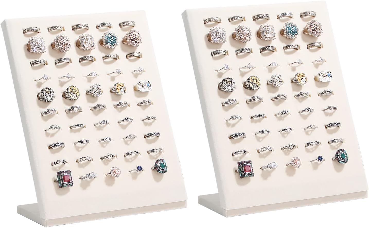 Ring Display Stand, Velvet Ring Holder, 50 Slots Rings Organizer Jewelry Display Tray, L-Shaped Jewelry Organizer Stand for Rings Earrings Selling (2, Beige)