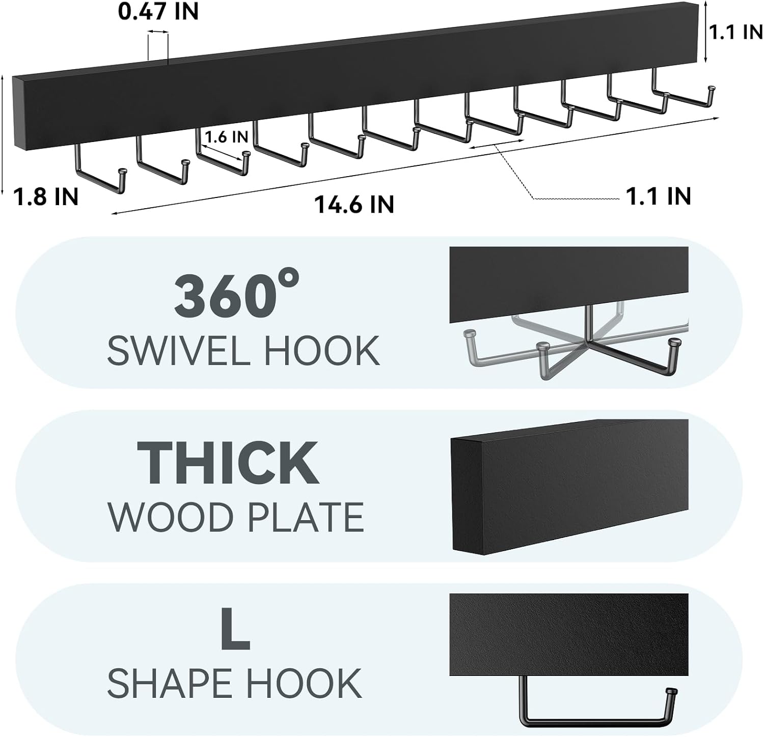 Tie Rack Wall Mount, Adhesive Wooden Closet Tie Hanger with 24 Metal Hooks, Large Capacity, 2 Installation Options, Black, 2 Pcs