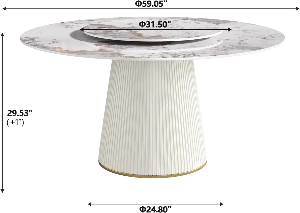 59" Round Dining Room Table, Faux Marble Dining Table for 8 Person with 31.5" Detachable Lazy Susan, Sintered Stone Dining Table with Carbon Steel Base and Wrapped Cream PU for Home(Only 1 Table)