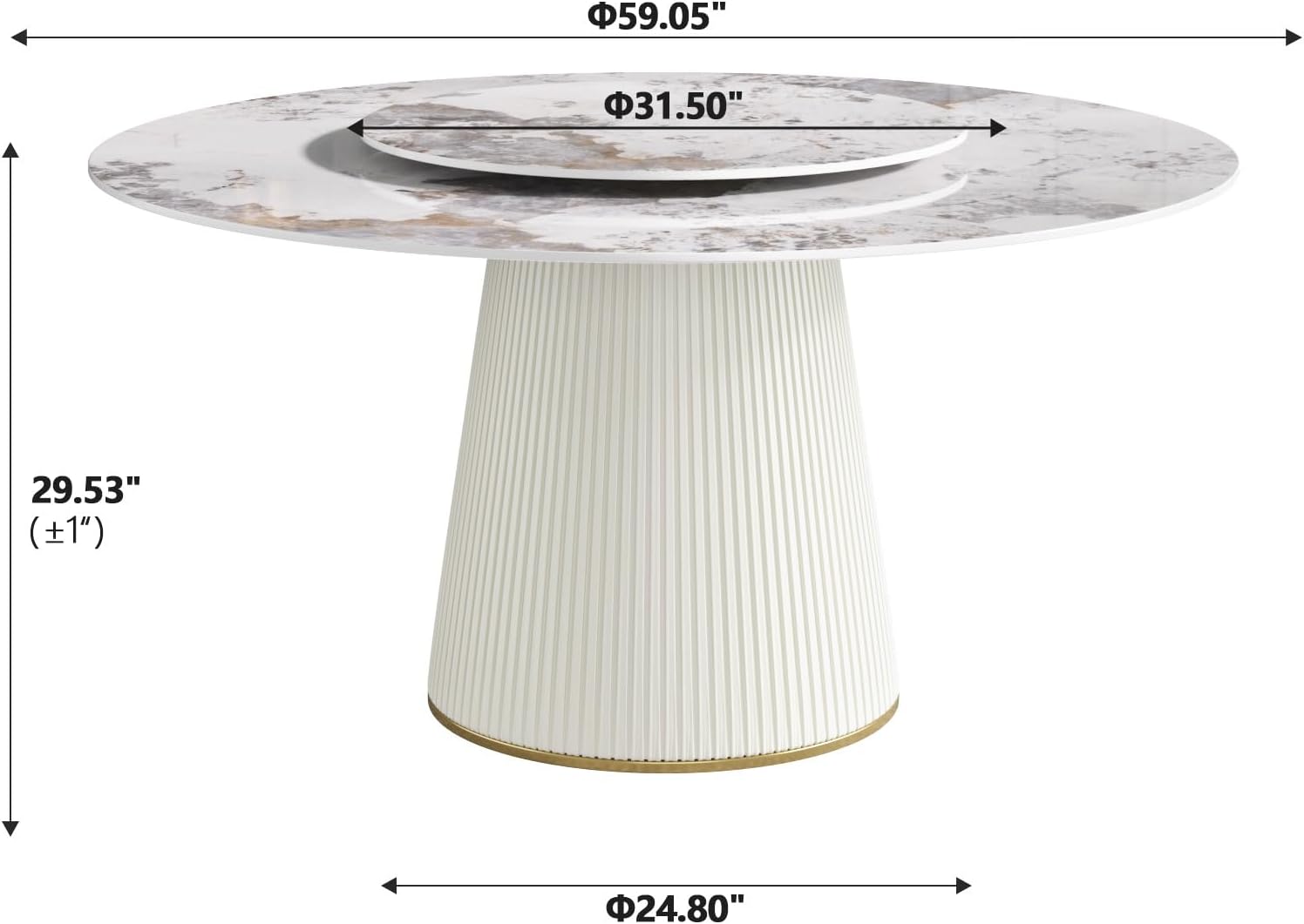 59" Round Dining Room Table, Faux Marble Dining Table for 8 Person with 31.5" Detachable Lazy Susan, Sintered Stone Dining Table with Carbon Steel Base and Wrapped Cream PU for Home(Only 1 Table)