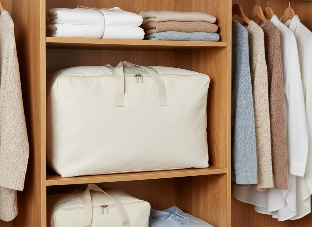 Soft Canvas Clothes Storage Bags with Four Carrying Handles and Clear Window, Closet Organizer for Clothing, Blankets Sheets Pillows and Bedding, 55L, White
